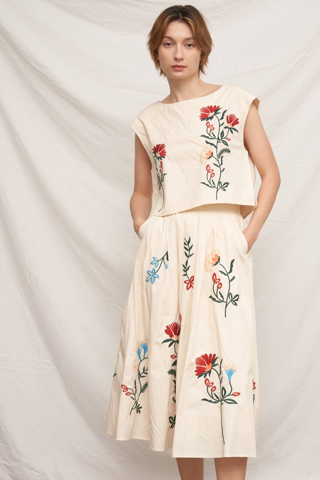 Floral Embroidered Skirt | Beige