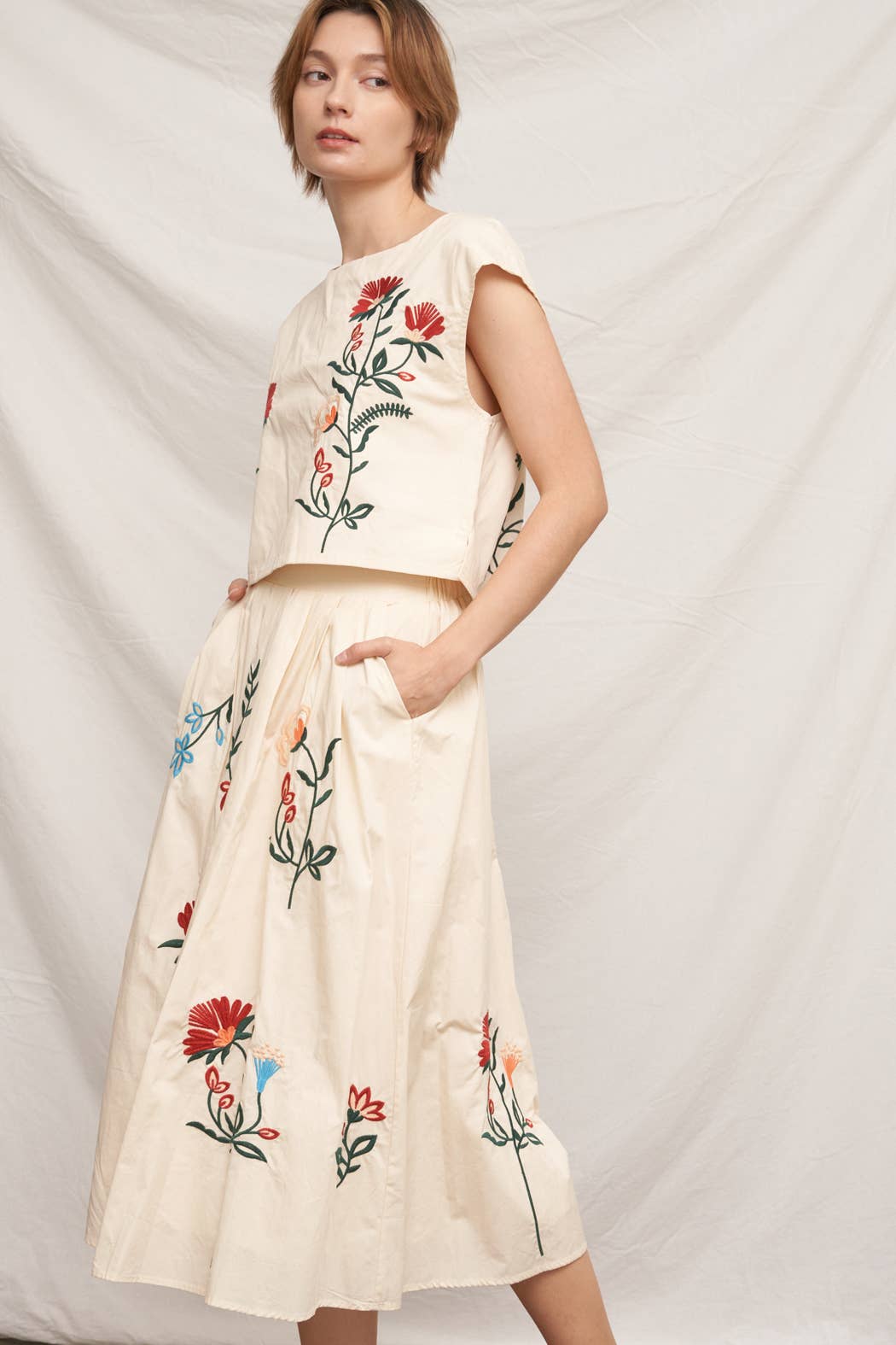 Floral Embroidered Skirt | Beige